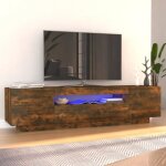Meuble tv - akozon - chne fum - 160x35x40 cm - lumires led rvb - design contemporain