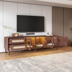Meuble tv marron 180 cm pour t�l�viseurs de 80 pouces support tv 2 tiroirs en rotin 2 portes vitr�es ...
