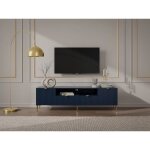 Meuble tv avec 2 portes, 2 tiroirs et 2 niches en mdf et acier - bleu et dor - yesinia