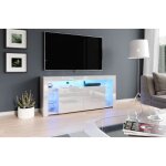 Meuble tv - minelli - blanc laqu - 1m56 - 4 faades souvrant vers le bas - 4 tagres en verre