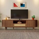 Meuble tv moderne 175 x 36 x 51 cm avec tiroirs en rotin meuble tv bas en bois avec 2 portes et rangement ...