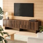 Meuble tv moderne 180 cm bois noyer fonc� ondul� 4 tiroirs 2 portes - lowboard salon charge tv 75 - 180x40x56 ...