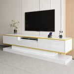 Meuble tv moderne 180x38x45cmavec 3 tiroirs et un compartiment ouvert - finition laqu�e brillante avec ...