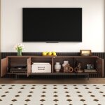Meuble tv moderne 200 x 35 x 53 cm - redom - avec �clairage led et portes en verre tremp� - noir et noyer ...