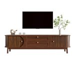 Meuble tv moderne aspect bois avec tiroirs et compartiments de rangement coins arrondis pieds en bois ...