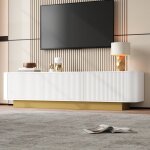 Meuble tv moderne blanc 170 cm avec portes textur�es rangement et passe - c�bles design arrondi