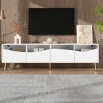 Meuble tv moderne blanc 180x40x50cm - �clairage led int�gr� - pieds m�tal dor� et fa�ade verre - rangements ...