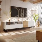 Meuble tv moderne avec compartiments ouverts 2 tiroirs et 2 portes aspect bois et blanc design minimaliste ...