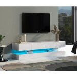 Meuble tv mural 130 x 33 x 15 cm pour tv jusqu� 55 2 armoires 4 tiroirs mdf blanc led bluetooth usb