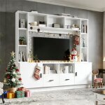 Meuble tv mural 180x35x170cm vitrine meuble de rangement salon avec 2 tiroirs 2 portes 11 compartiments ...