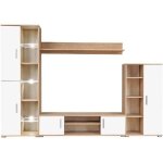 Meuble tele buffet tv television design pratique mural avec lumiere led chene sonoma et blanc