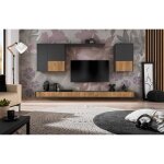 Meuble tv mural loft big corps anthracite gris mat façade couleur chêne bijoux l285 x h200 x p42cm Meuble tv mural loft big corps anthracite gris mat façade couleur chêne bijoux l285 x h200 x p42cm