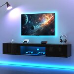Meuble tv mural suspendu - 160x31x22cm - noir brillant - led & 2 portes - pour tv 70 pouces - design ...