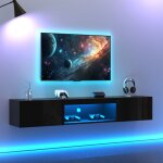 Meuble tv mural suspendu - ambiance - 160x31x22cm - noir brillant - led & 2 portes - pour tv 70 pouces ...