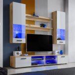 Meuble tv mural vida extreme furniture - led bleues - blanc brillant & bois naturel - faades en brillant ...
