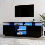 Meuble tv noir 140cm - support pour t�l� 60 pouces avec led app - contr�l�e 16 couleurs 2 portes brillant ...