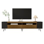 Meuble tv noir et bois l 180 x p 36 x h 43 cm 2 portes niches ouvertes pieds m�tal