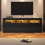Meuble tv noir haut brillant avec eclairage led 2 portes 2 tiroirs compartiments armoire tv buffet bas160 ...