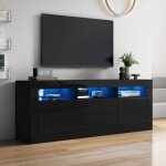 Meuble tv noir laqu� brillant 160x35x60cm�clairage led2 portes 2 tiroirs3 compartiments noir meuble tv ...