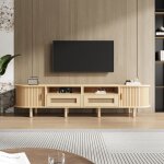 Meuble tv ovale en ch�ne clair avec tiroirs effet rotin et portes coulissantes