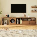 Meuble tv pivotant et extensible en noyer 180 + 80x40x50 cm portes verre acier avec espace int�gr� pour ...