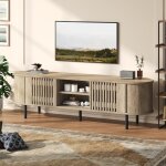 Meuble tv avec portes � lattes rangement 3 niveaux pour tv jusqu?� 65 pouces bois naturel 160 cm