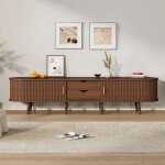 Meuble tv - avec rangement + table ronde mdf grain de bois 2 tiroirs meuble lowboard avec portes t�lescopiques ...