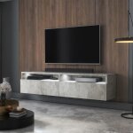 Meuble tv - rednaw - 140 cm - gris b�ton - 2 niches ouvertes - avec 2 tiroirs - style moderne - avec ...