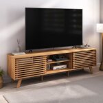 Meuble tv rian avec portes coulissantes et tagres ajustables 175 x 50 x 38 cm pin massif coloris chne ...