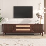 Meuble tv en rotin 170 cm meuble bas de salon moderne avec 2 portes coulissantes de bois massif et 2 ...