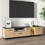 Meuble tv rustique  led avec 3 portes etagre en verre banc tv noir et bois solide style industriel ...
