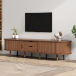 Meuble tv pour salon 175x40x42cm 2 tiroirs et 2 portes coulissantes plateau circulaire couleur noyer ...