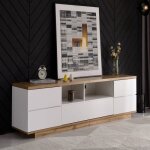 Meuble tv salon 180 cm blanc grain de bois design quadrill� 5 portes facile � monter meuble bas moderne ...