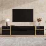 Meuble tv - mdf brillant - 4 tiroirs & 2 portes - finition brillante dor�e - noir