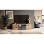 Meuble tv / meuble de salon - bros - 140 cm - chne wotan / gris brillant - avec led - 2 niches ouvertes ...