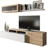 Dmora - meuble haut chino 200 x 41 x 44 cm chne blanc brillant panneau effet bois et verre