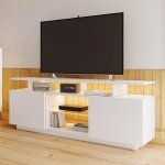 Meuble tv de salon avec led blanc brillant 2 portes avec 5 compartiments ouverts meuble tv bas 140 cm ...
