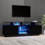 Meuble tv de salon avec led noir brillant 2 portes avec 5 compartiments ouverts meuble tv bas 140 cm ...