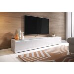 Meuble tv suspendu - lowboard d - 180 cm - bton / blanc brillant - avec led - rangement contemporain ...