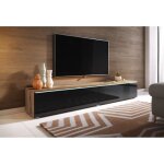 Meuble tv - lowboard d - 180 cm - chne wotan / noir brillant - led inclus - design contemporain