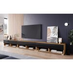 Meuble tv avec pieds / suspendu lowboard a - 300 cm - chne wotan / noir brillant - sans led - grand ...