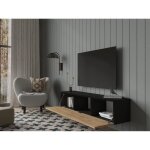 Meuble tv / meuble de salon noir et bois 140 cm suspendu ou debout