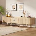 Meuble tv de salon plateau ovale finition bois 2 tiroirs et 2 portes coulissantes couleur noyer clair ...