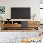 Meuble tv style industriel 180cm etagres et rangement 2 portes 2 tiroirs banc tv grain bois noir marron ...