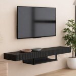 Meuble tv suspendu 150cm renzo noir mat - fa�ades relief 3d stri� - tiroir central et niche multim�dia ...