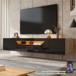 Meuble tv suspendu 180 cm brillant avec �clairage led meuble t�l� noir et bois avec 3 compartiments de ...