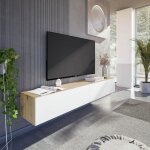 Meuble tv suspendu - l 180x p 28x h 35 cm kaway - dcor blanc et chne - 2 portes abattantes