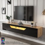 Meuble tv suspendu bois 180 cm avec �clairage led contr�le par appli et 3 compartiments de rangement ...