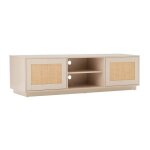 Meuble tv suspendu en bois 2 portes en rotin l160 cm cr�me - oviala