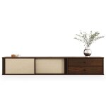 Meuble tv suspendu simona 175 cm avec 2 tiroirs et 2 portes coulissantes en rotin en bois massif coloris ...